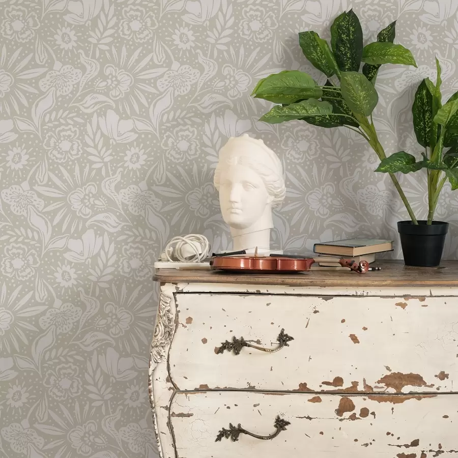 carta da parati Ornamento floreale lineare bianco su sfondo beige nr. a00956