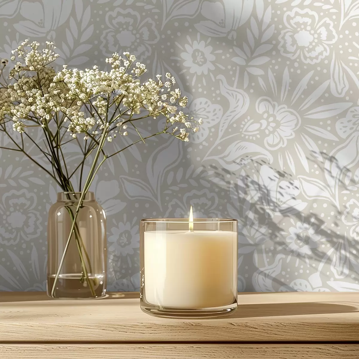 Carta da parati Ornamento floreale lineare bianco su sfondo beige a00956