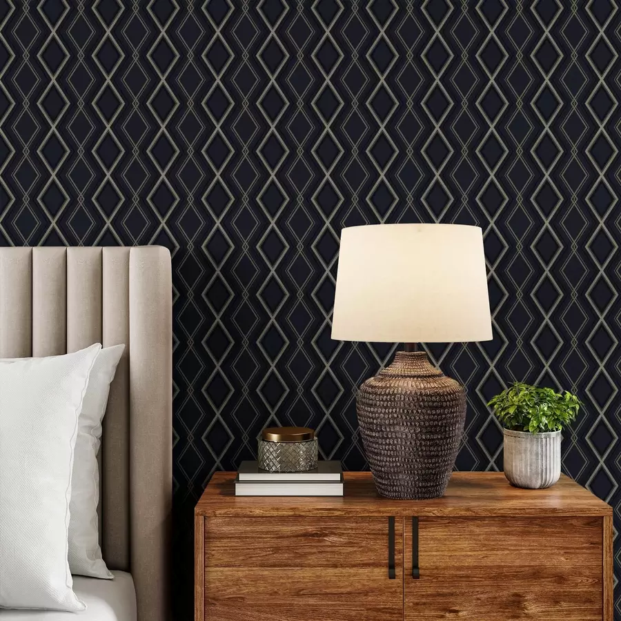 carta da parati Rete a rombi blu scuro con sottili linee chiare nr. a00975