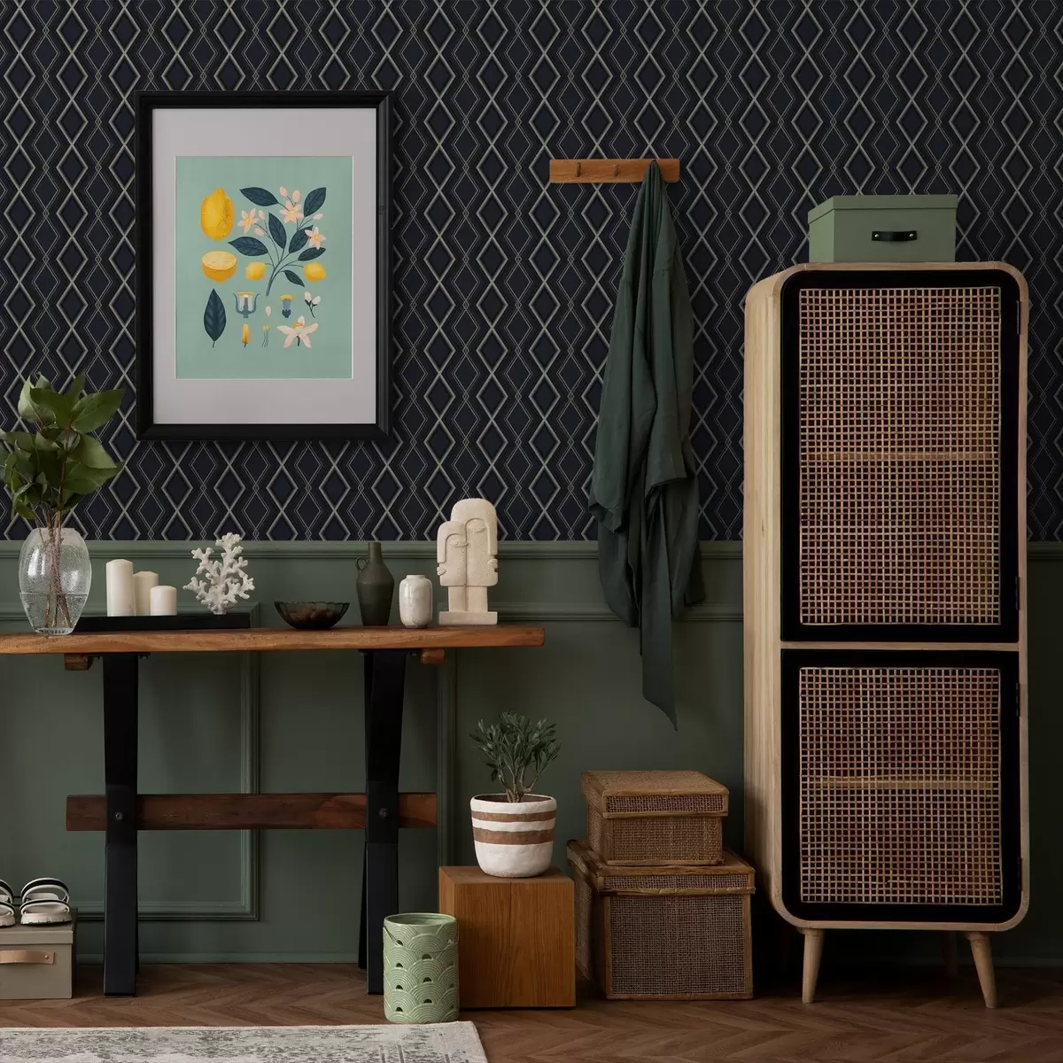 Carta da parati Rete a rombi blu scuro con sottili linee chiare a00975