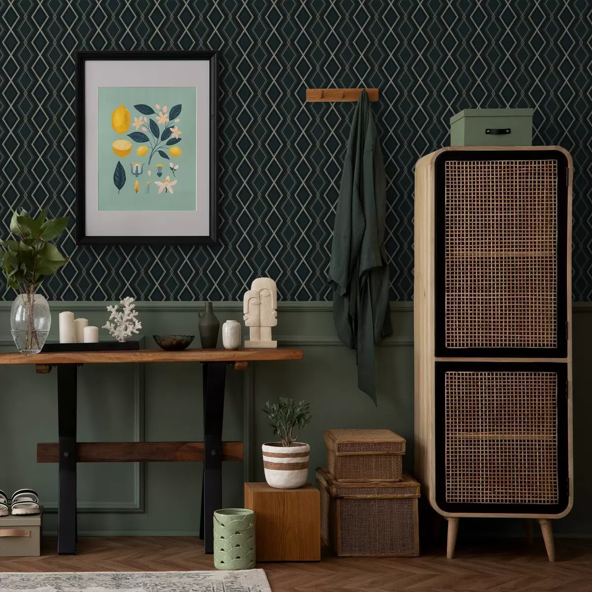 Carta da parati Sfondo verde acqua scuro con una griglia di rombi ripetuti a00975v1