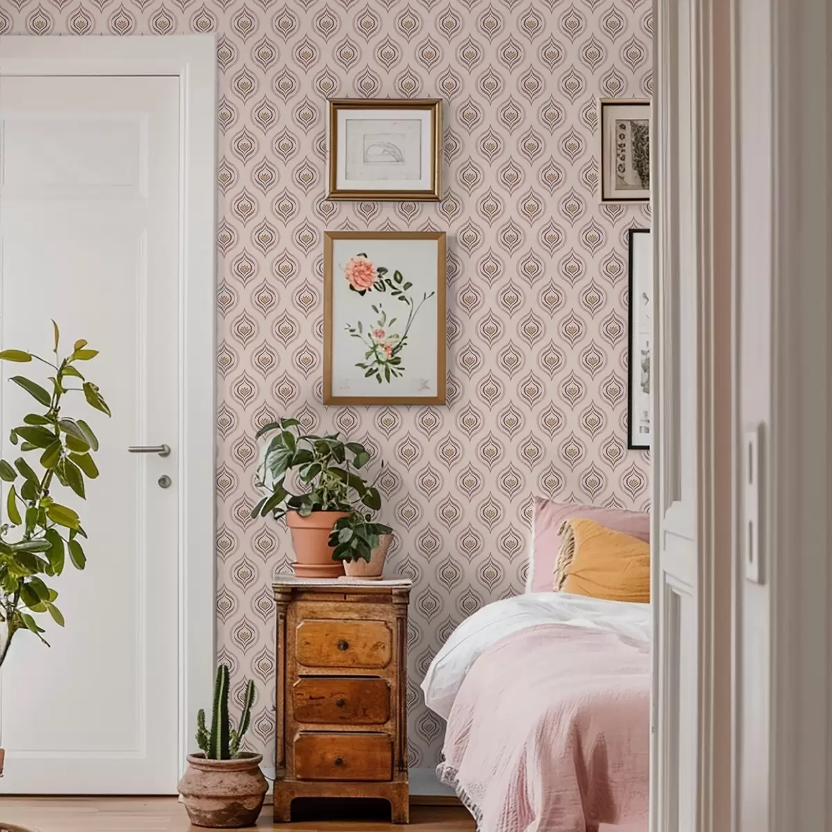 Carta da parati Motivo ritmico a goccia con un fiore su sfondo cipriato a00977