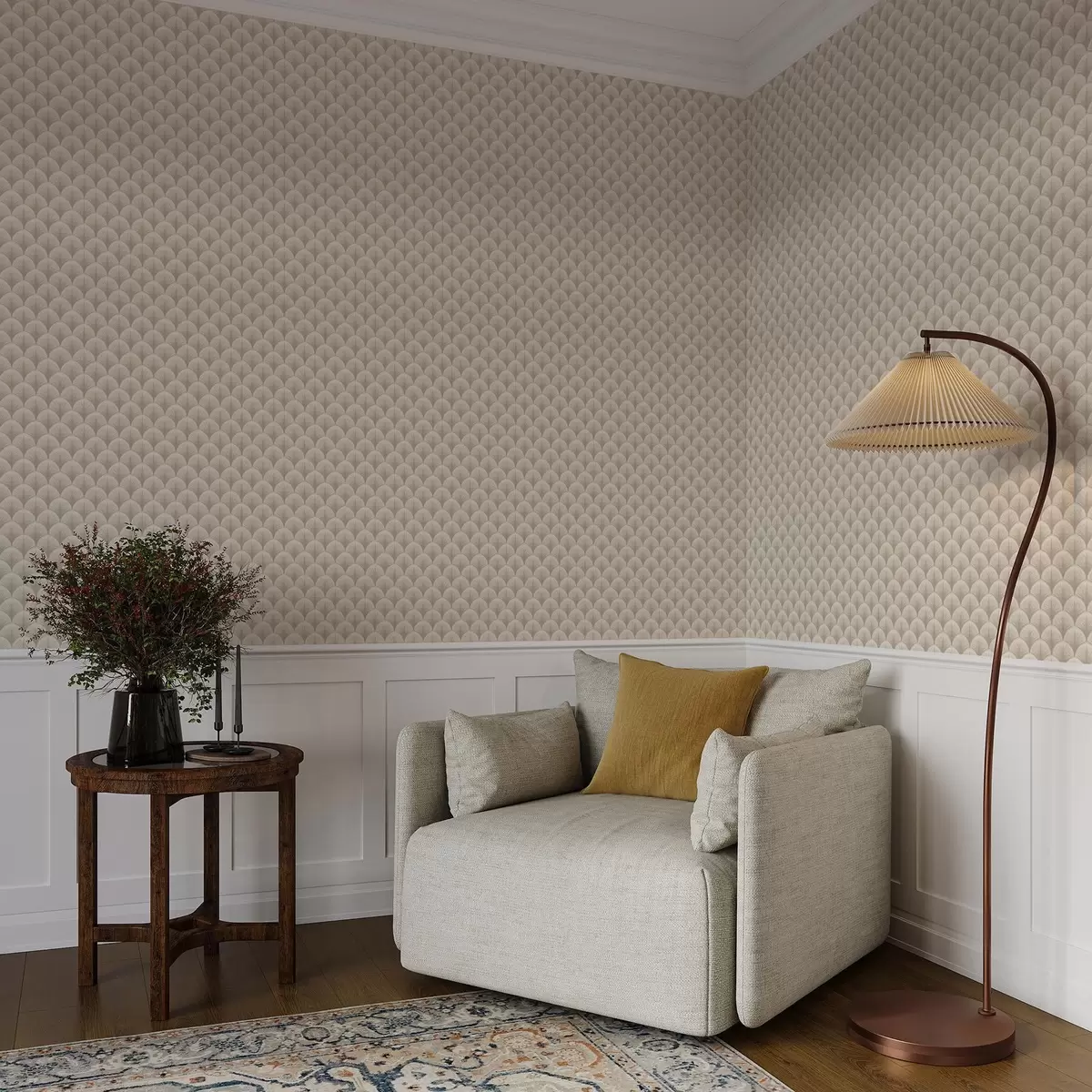 Carta da parati Archi a ventaglio beige con raggi sottili su sfondo chiaro a00978