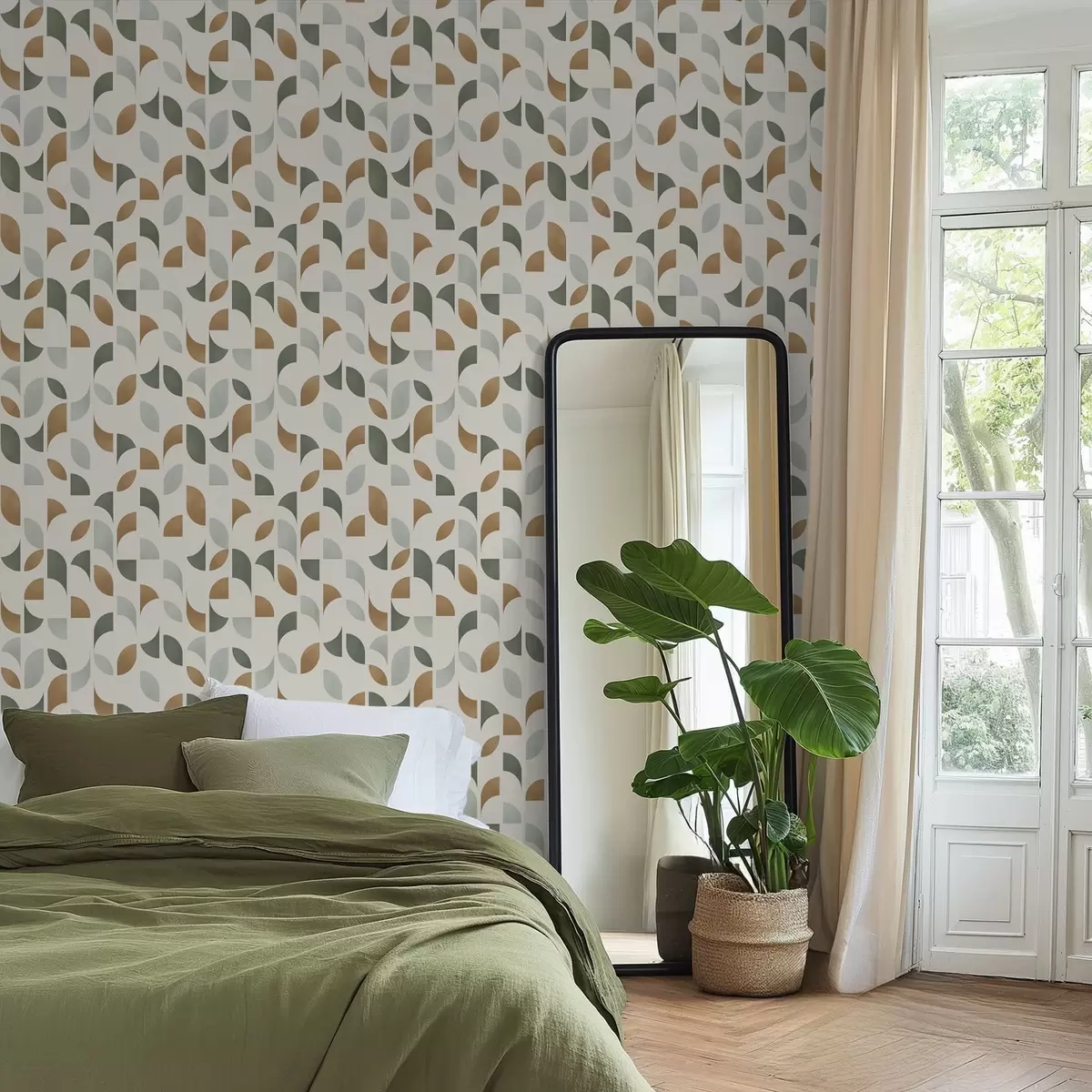 Carta da parati Semicerchi astratti e foglie in verde e terracotta a00985