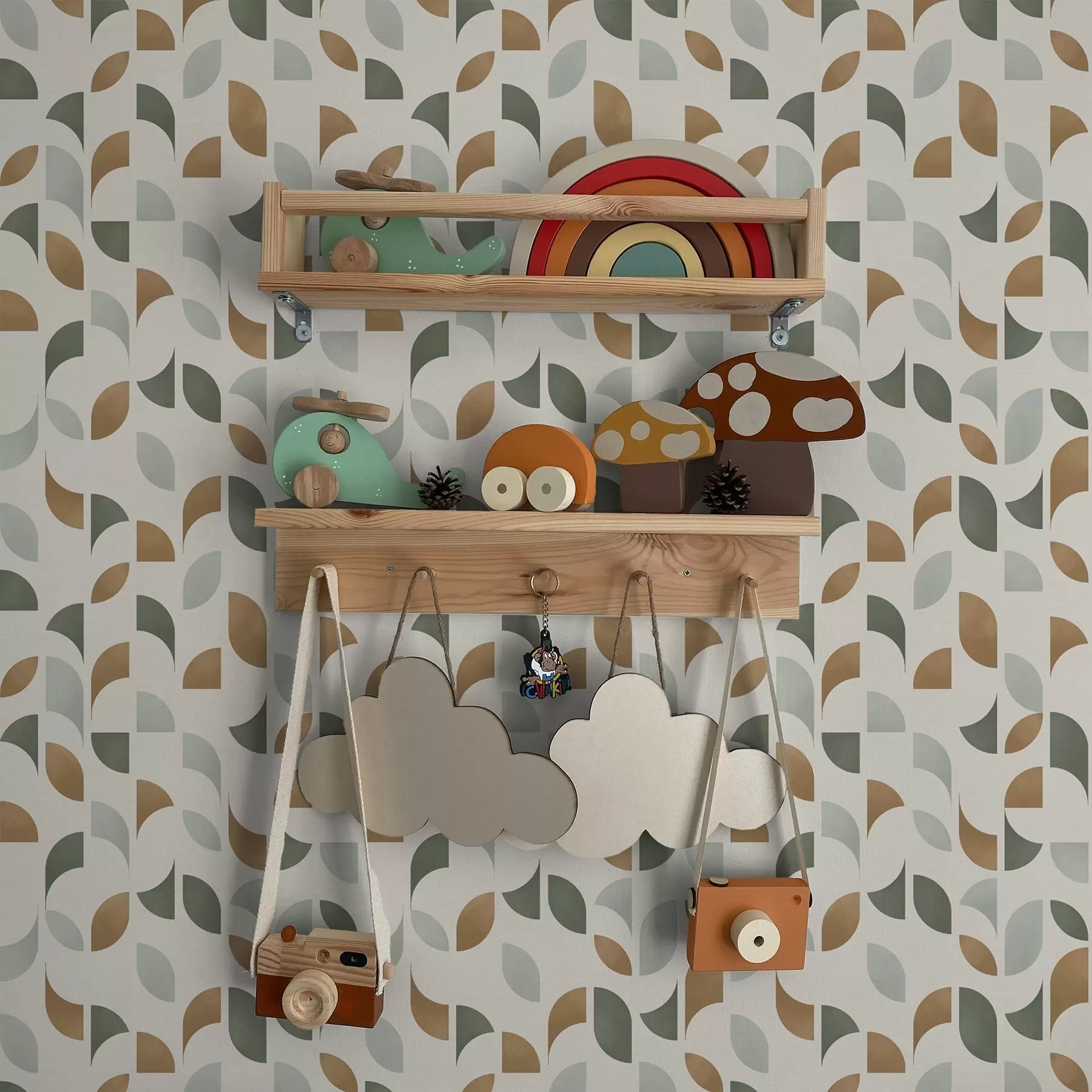 carta da parati Semicerchi astratti e foglie in verde e terracotta nr. a00985