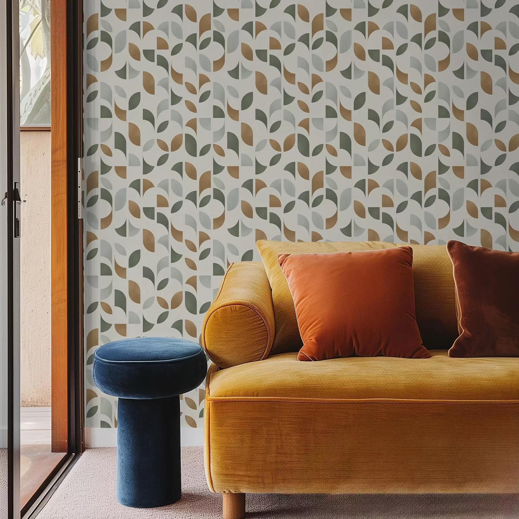 carta da parati Colonne verticali di semicerchi e foglie, terracotta verde nr. a00986