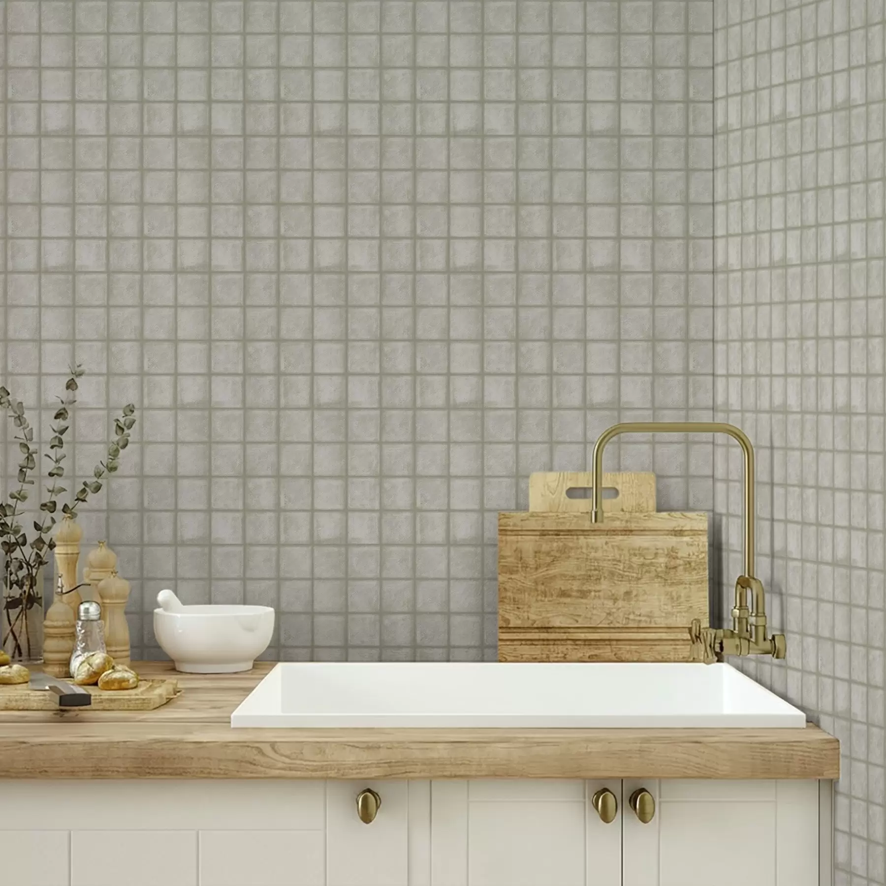 carta da parati Imitazione di piastrelle quadrate in una delicata palette di grigio-verde nr. a00988