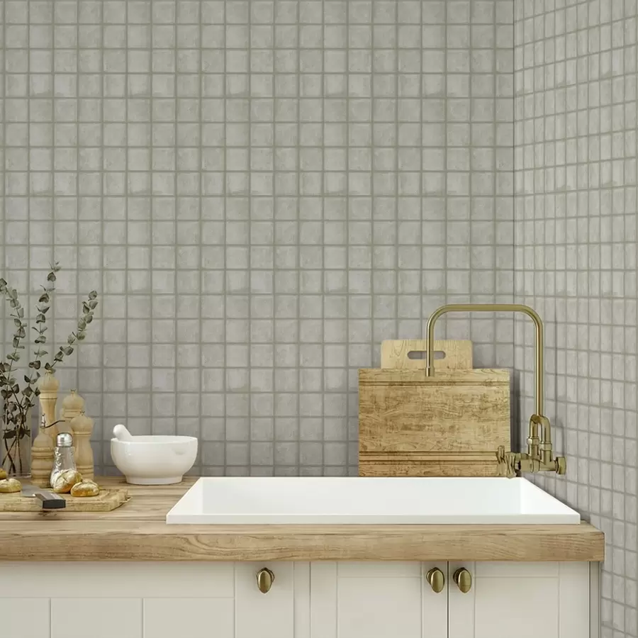 carta da parati Imitazione di piastrelle quadrate in una delicata palette di grigio-verde nr. a00988