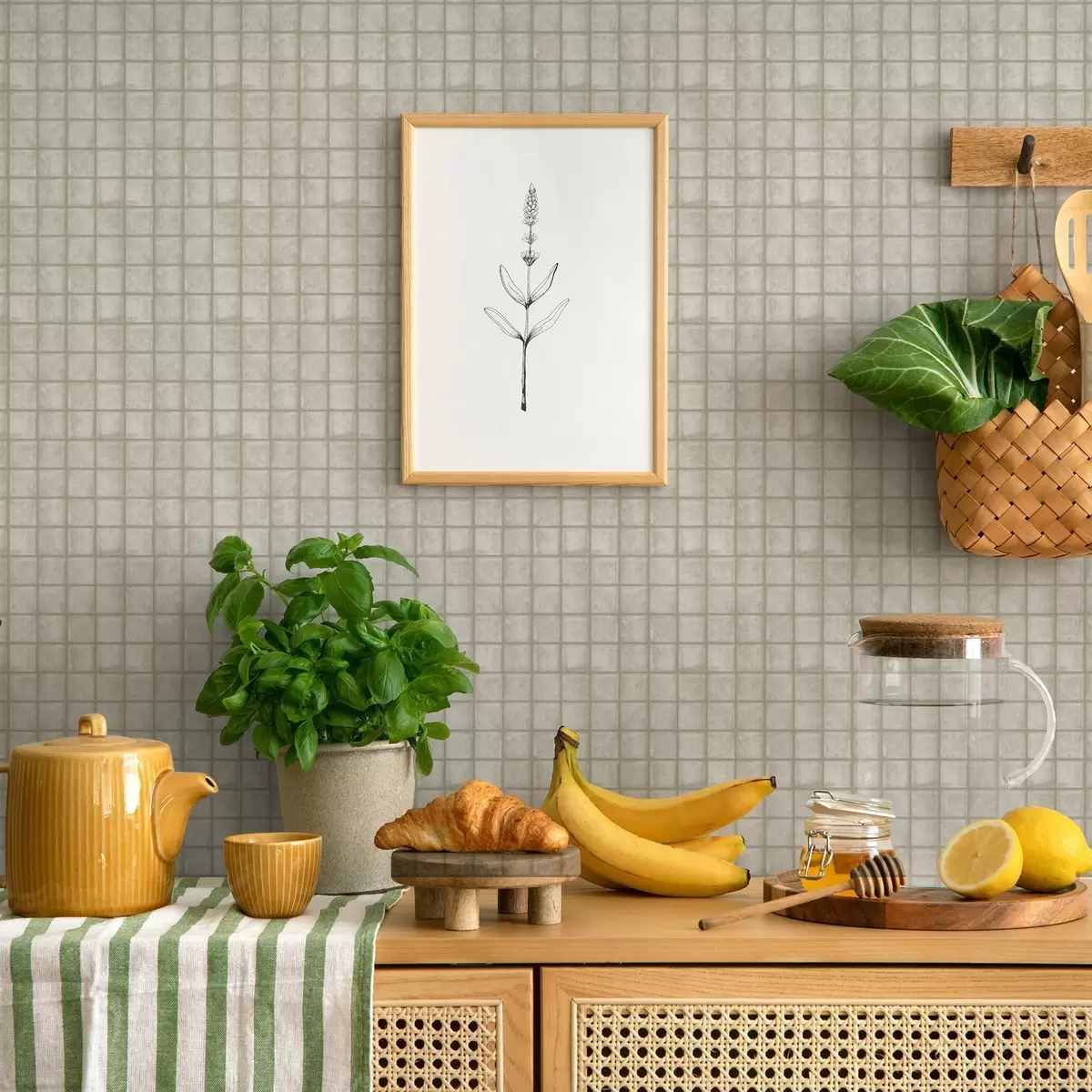 Carta da parati Imitazione di piastrelle quadrate in una delicata palette di grigio-verde a00988