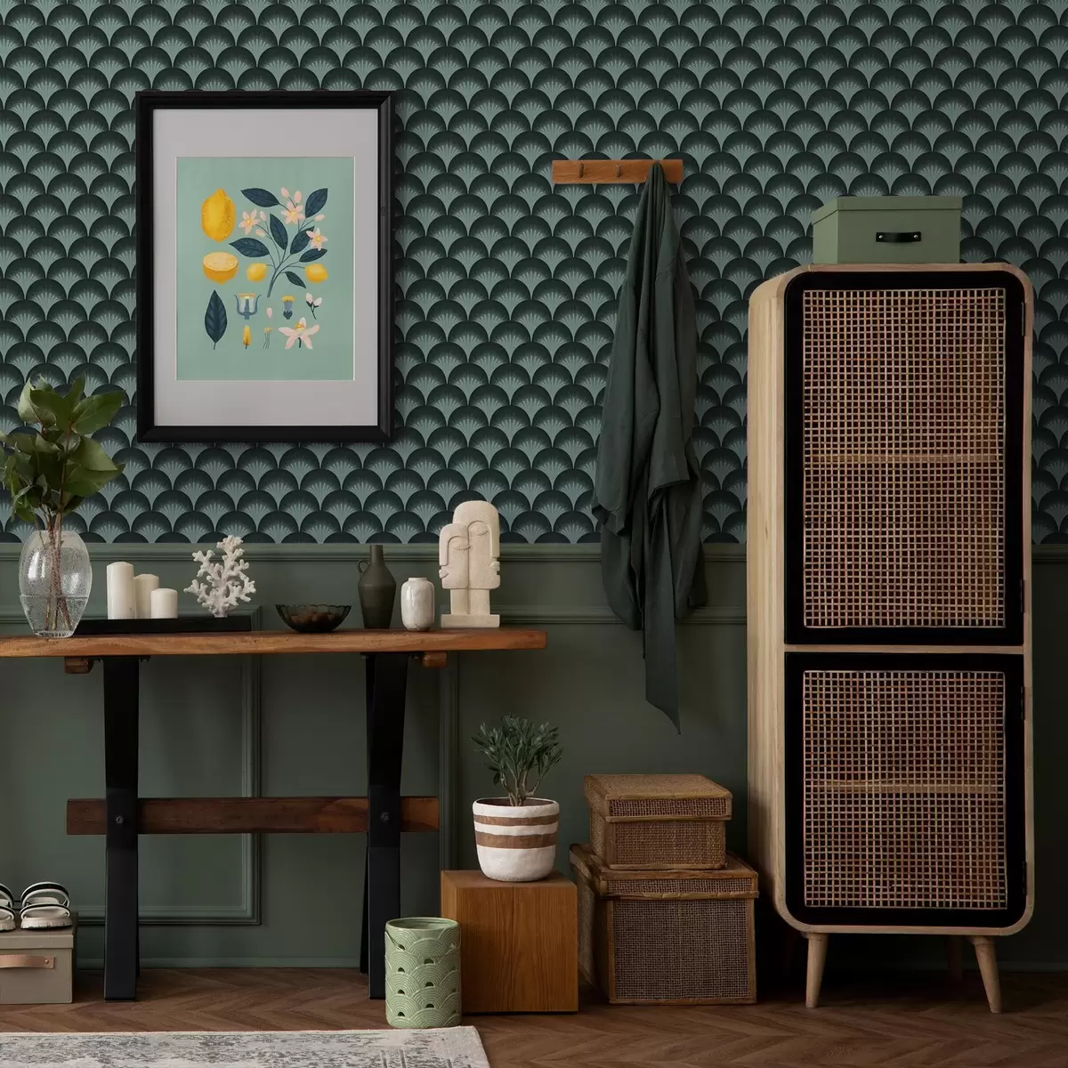 Carta da parati Ventagli color menta a contrasto su uno sfondo quasi nero a00990