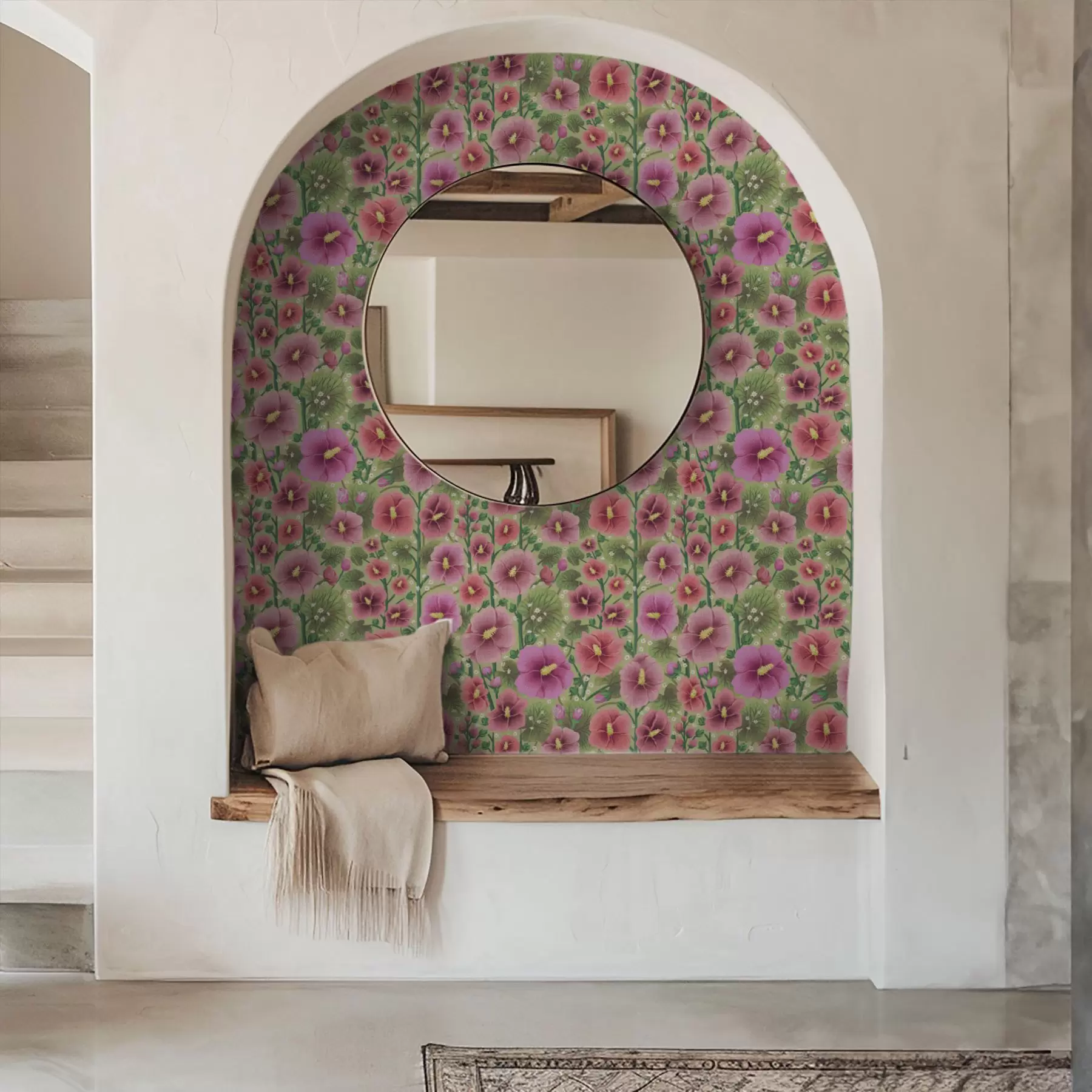 carta da parati Grandi fiori e foglie di ibisco su sfondo verde scuro nr. a00993