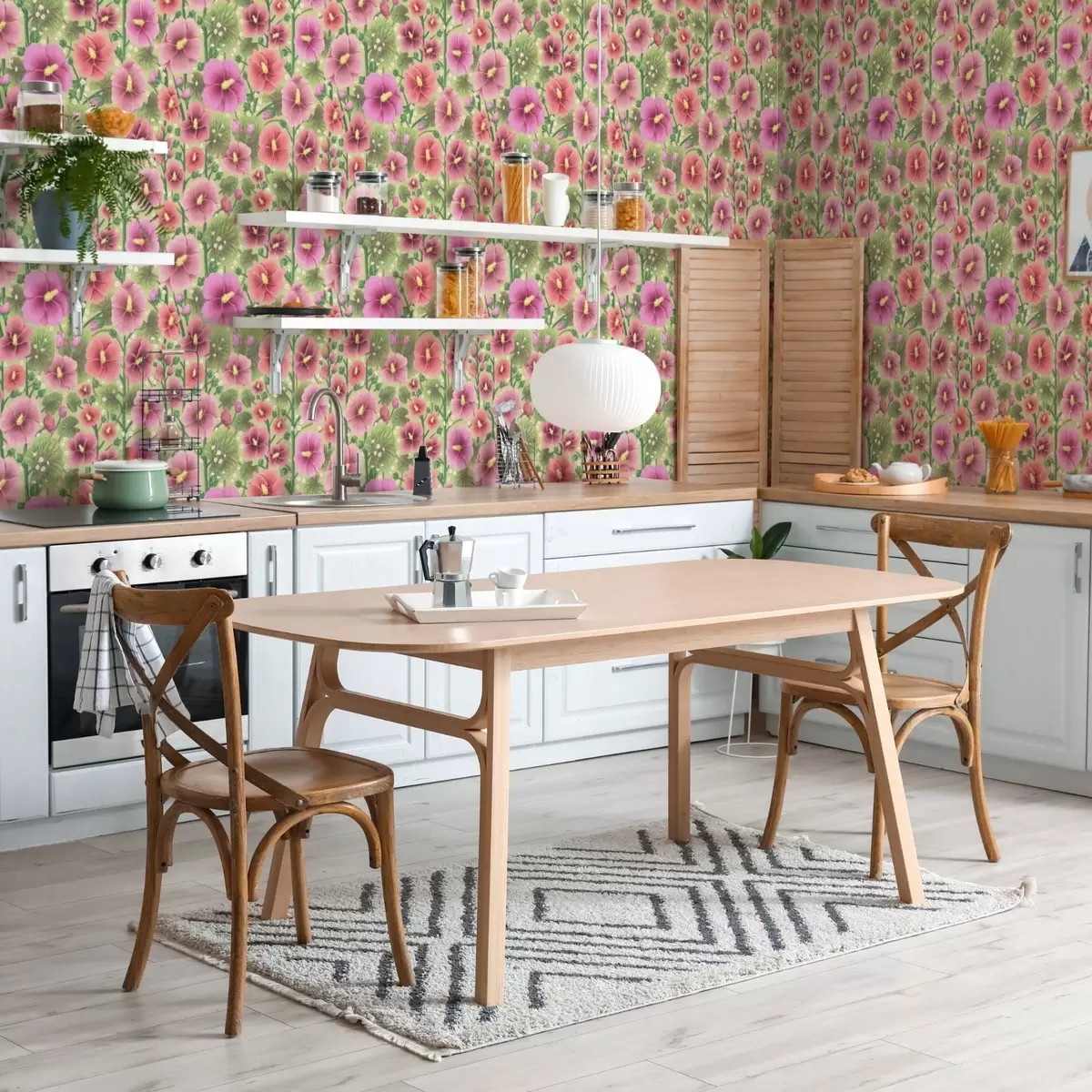 Carta da parati Grandi fiori e foglie di ibisco su sfondo verde scuro a00993