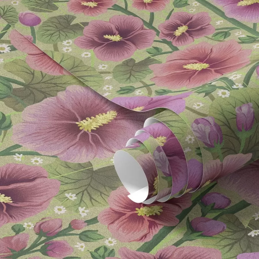 carta da parati Grandi fiori e foglie di ibisco su sfondo verde scuro nr. a00993