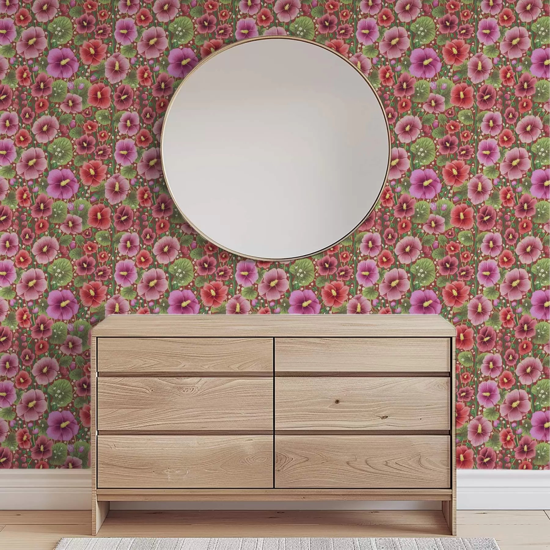 carta da parati Ibisco in fiore su uno sfondo caldo rosso-brunastro nr. a00993v1