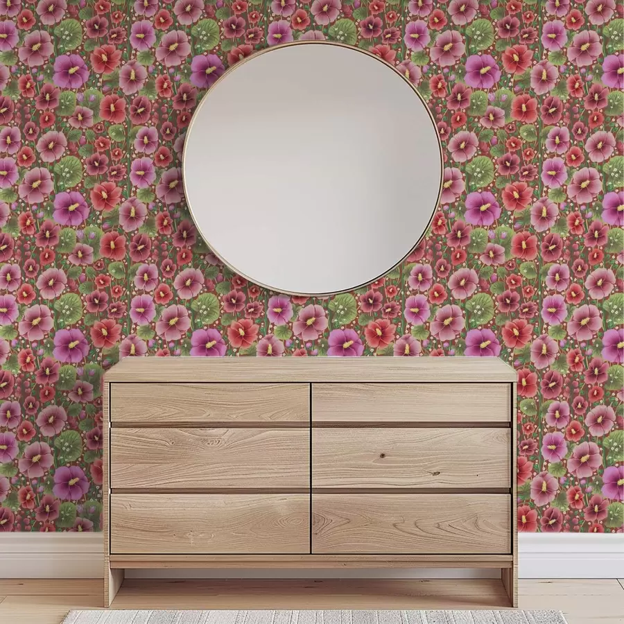 carta da parati Ibisco in fiore su uno sfondo caldo rosso-brunastro nr. a00993v1