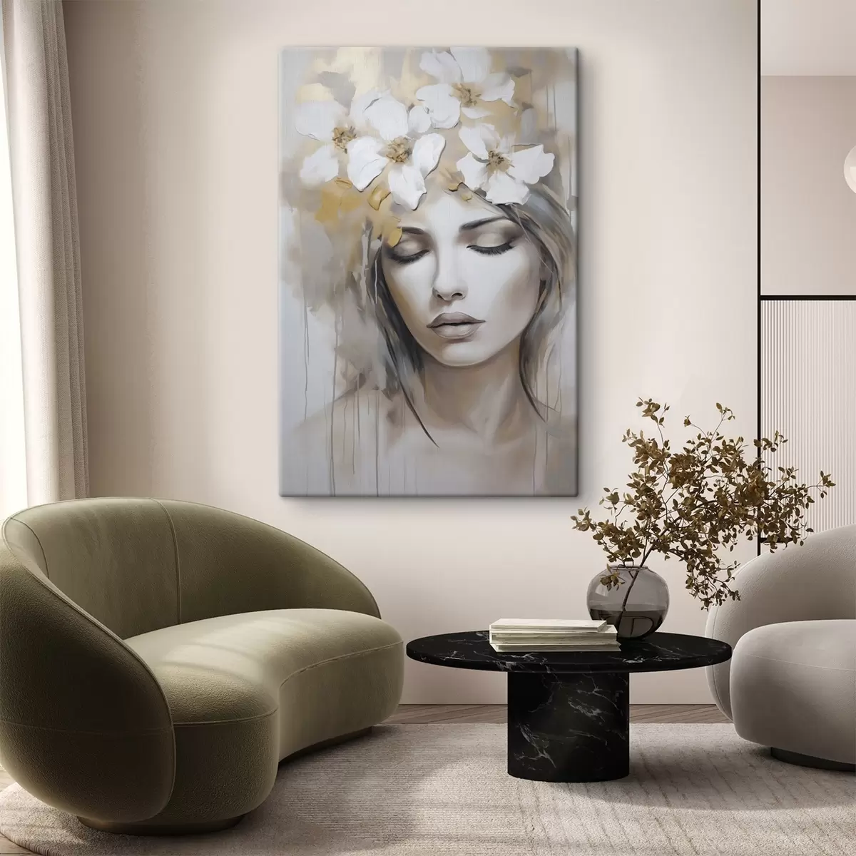 carta da parati Ritratto astratto di una ragazza con fiori, imitazione di un dipinto nr. s46756