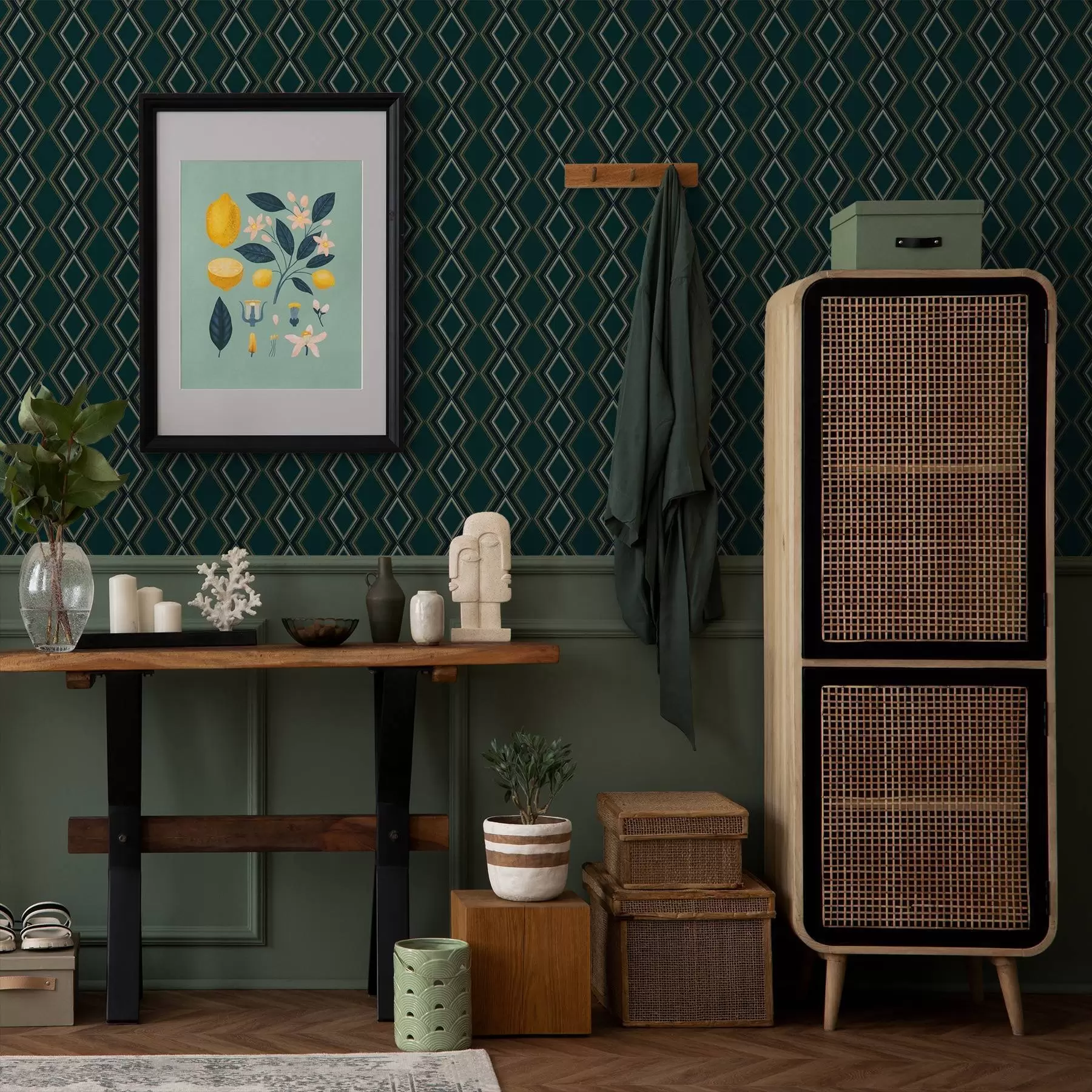 carta da parati Sfondo verde acqua scuro con file verticali di rombi nr. a00976