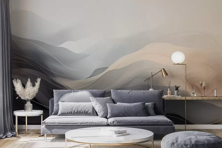 carta da parati Onde astratte e nebbiose nei toni del grigio-crema con linee gialle nr. w09504