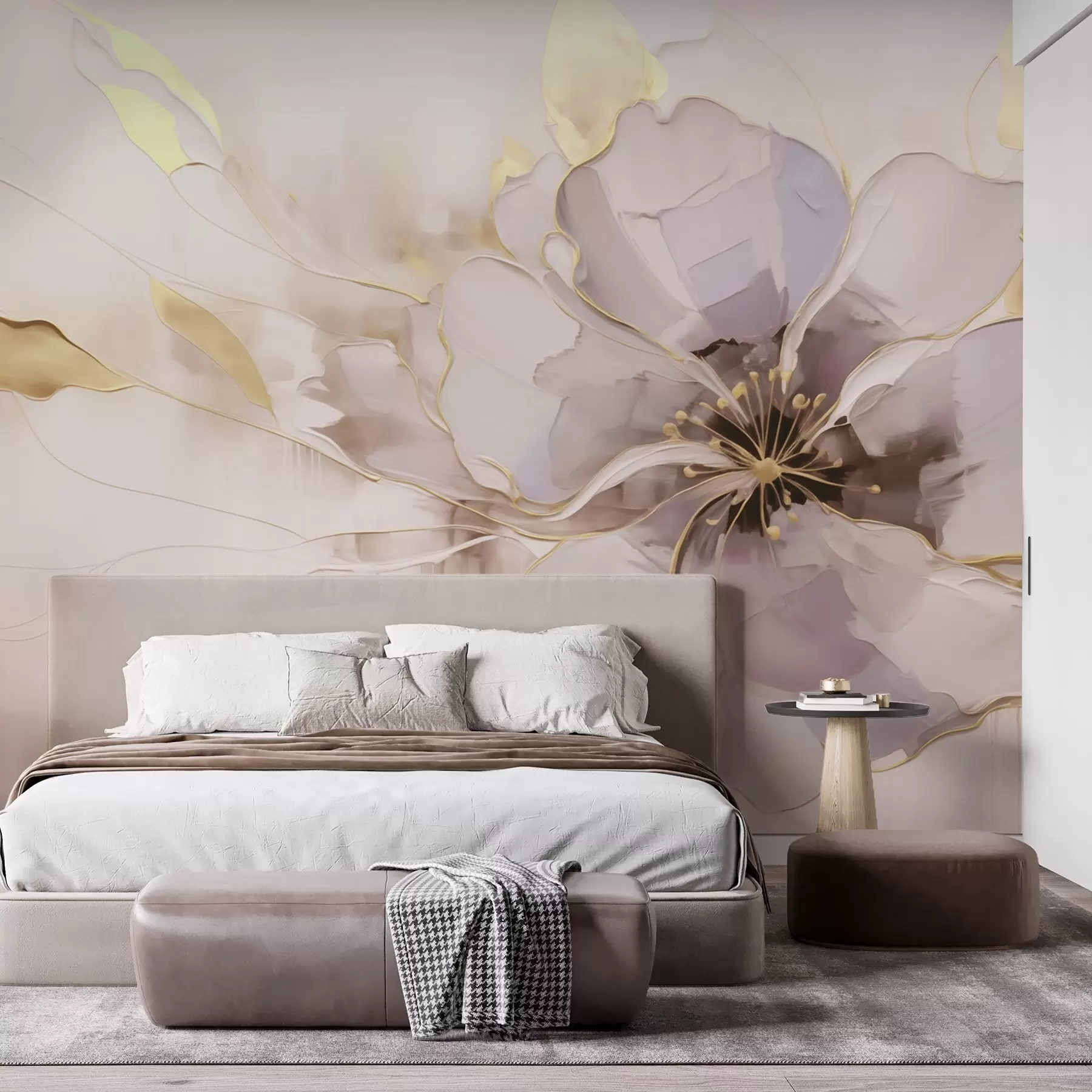 Carta da parati Fiori grandi Fiore blu con accenti gialli in uno stile astratto a pennellata n. w09505