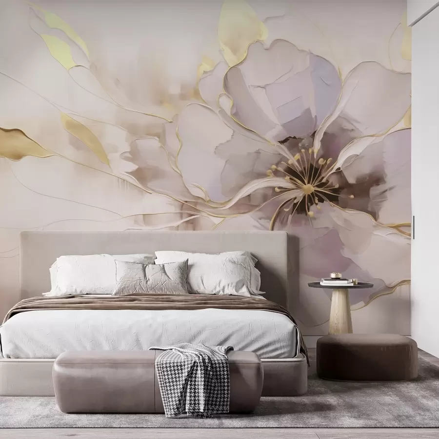 Carta da parati Fiori grandi Fiore blu con accenti gialli in uno stile astratto a pennellata n. w09505