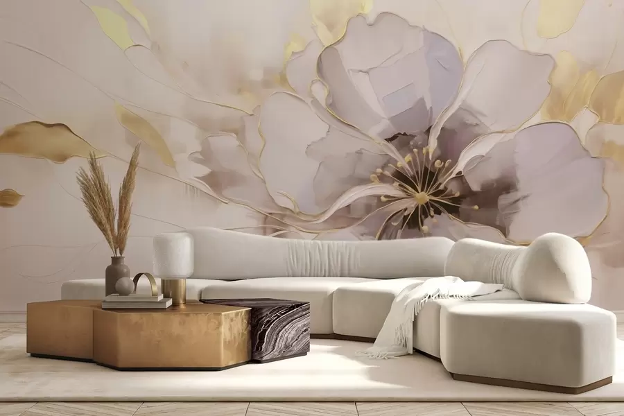 Carta da parati Fiori grandi Fiore blu con accenti gialli in uno stile astratto a pennellata n. w09505