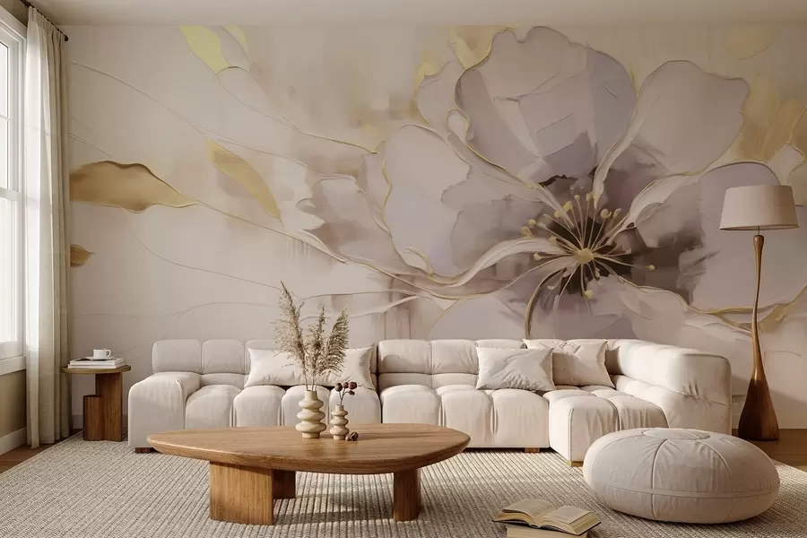 Carta da parati Fiori grandi Fiore blu con accenti gialli in uno stile astratto a pennellata n. w09505