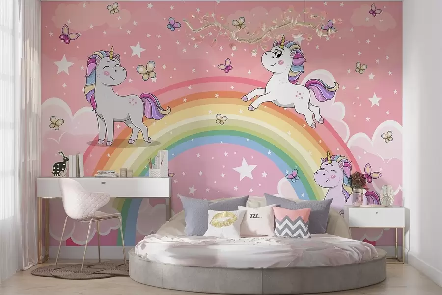 Carta da parati per Bambini Unicorni su un arcobaleno 
