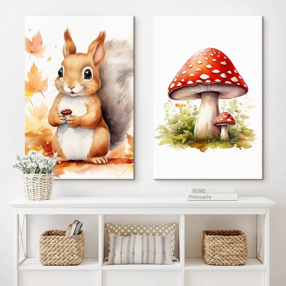 carta da parati Scoiattolo e fungo di bosco, fungo velenoso, acquerello imitazione nr. m01049