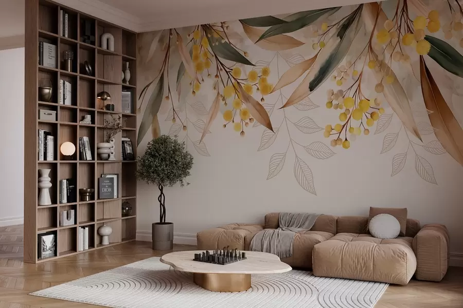 carta da parati fiori e foglie di mimosa che cadono dall'alto in stile acquerello nr. w04880