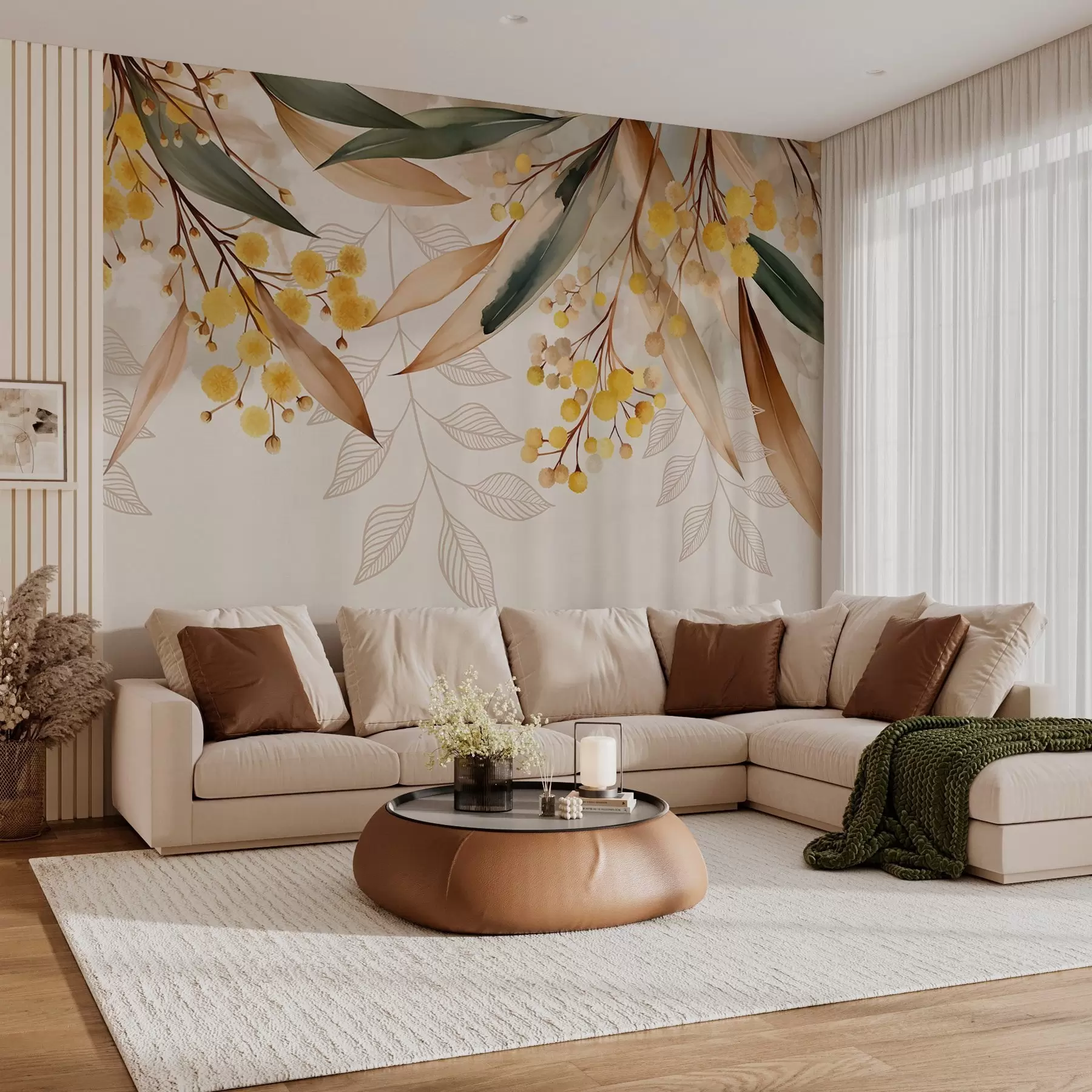 carta da parati fiori e foglie di mimosa che cadono dall'alto in stile acquerello nr. w04880