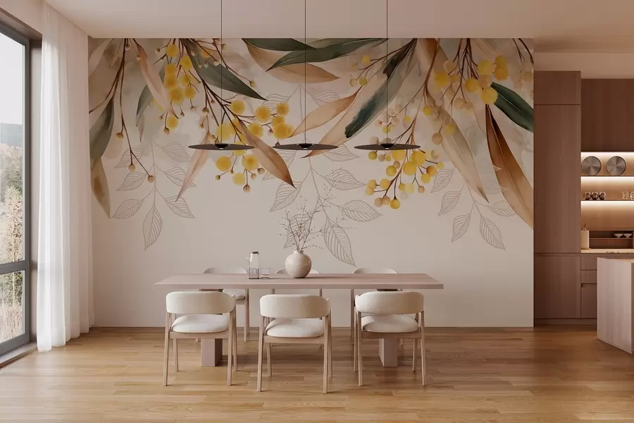 carta da parati fiori e foglie di mimosa che cadono dall'alto in stile acquerello nr. w04880