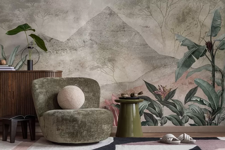 Carta da parati nature Foglie di banano color pastello e fiori tropicali sullo sfondo delle montagne 