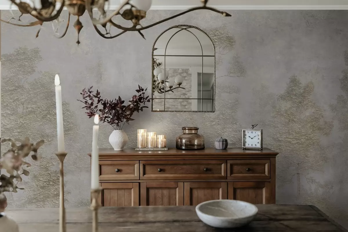 carta da parati Foresta nebbiosa con un airone bianco e texture morbida nr. w04953