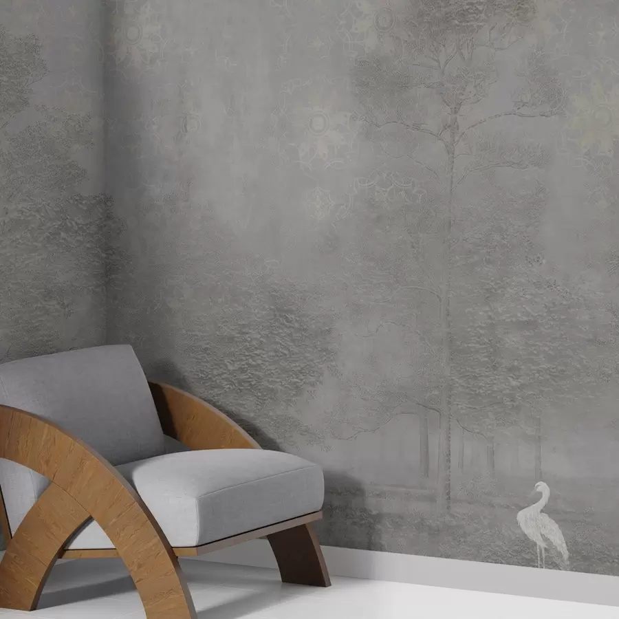 Carta da parati nature Foresta leggera e nebbiosa con un airone in freschi toni di grigio 