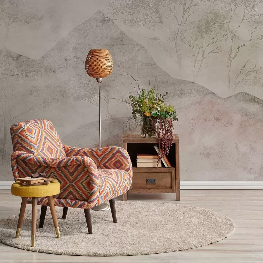 carta da parati Montagne e alberi dai colori tenui avvolti da una leggera nebbia nr. w04954