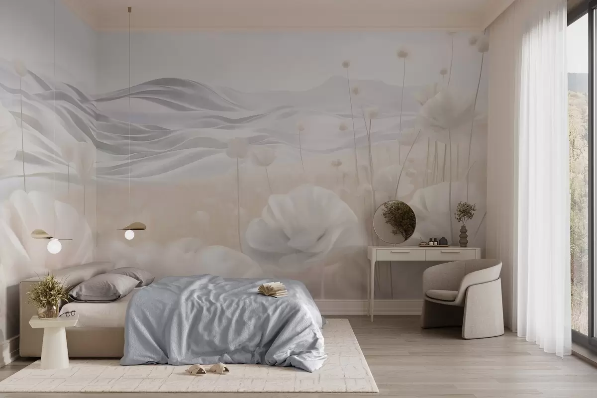 carta da parati Campo di papaveri color crema con dolci colline sotto un cielo azzurro pallido con nuvole soffici, colori pastello nr. w09553