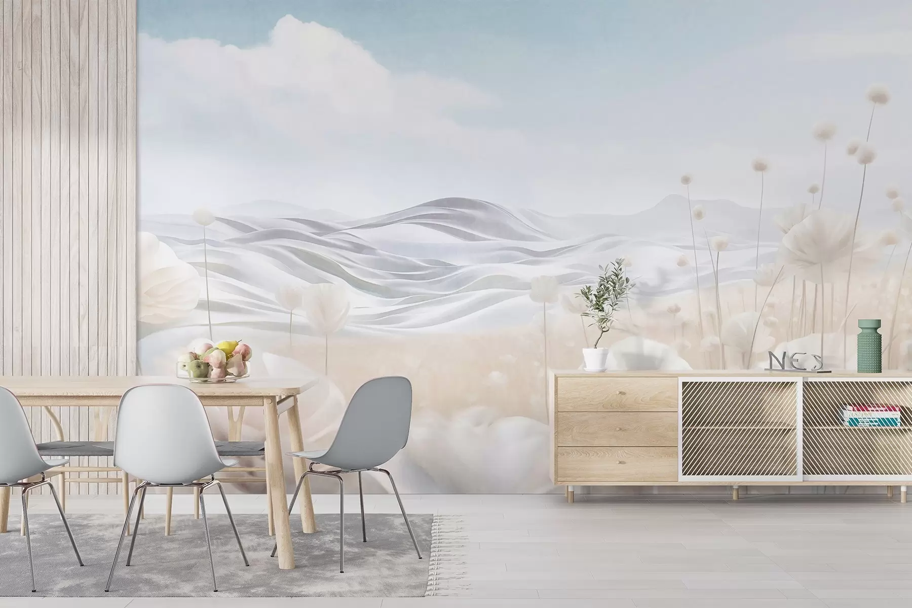 Carta da parati nature Campo di papaveri color crema con dolci colline sotto un cielo azzurro pallido con nuvole soffici, colori pastello 