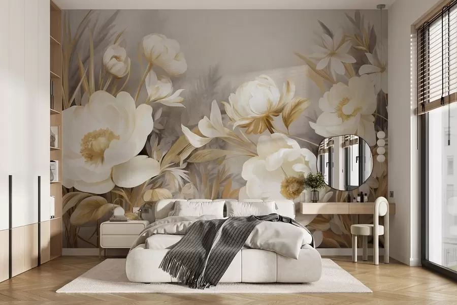 carta da parati Peonie bianche e gialle e altri fiori con erba alta e foglie in uno stile morbido e pittorico nr. w09494