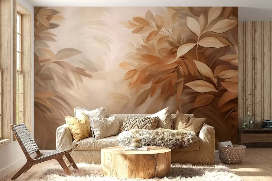 carta da parati Foglie marroni e beige con fogliame morbido e sfumato, in uno stile pittorico con pennellate visibili nr. w09584