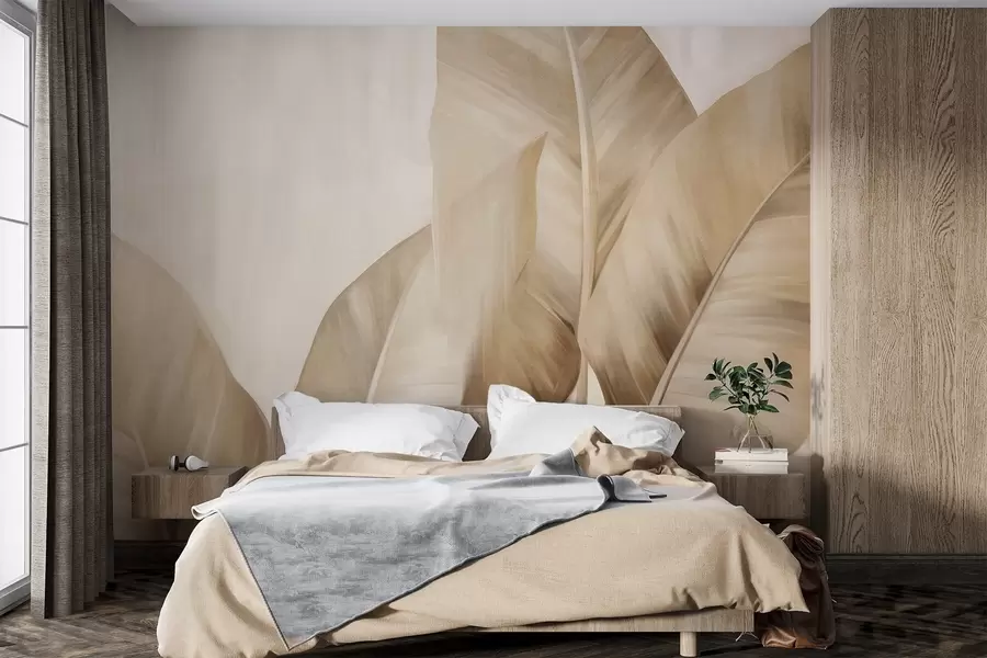 carta da parati Grandi foglie di banano marrone chiaro con texture su sfondo beige chiaro, dall'estetica morbida e minimalista nr. w09586