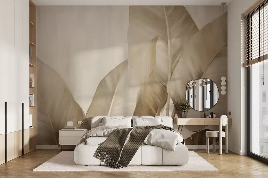carta da parati Grandi foglie di banano marrone chiaro con texture su sfondo beige chiaro, dall'estetica morbida e minimalista nr. w09586