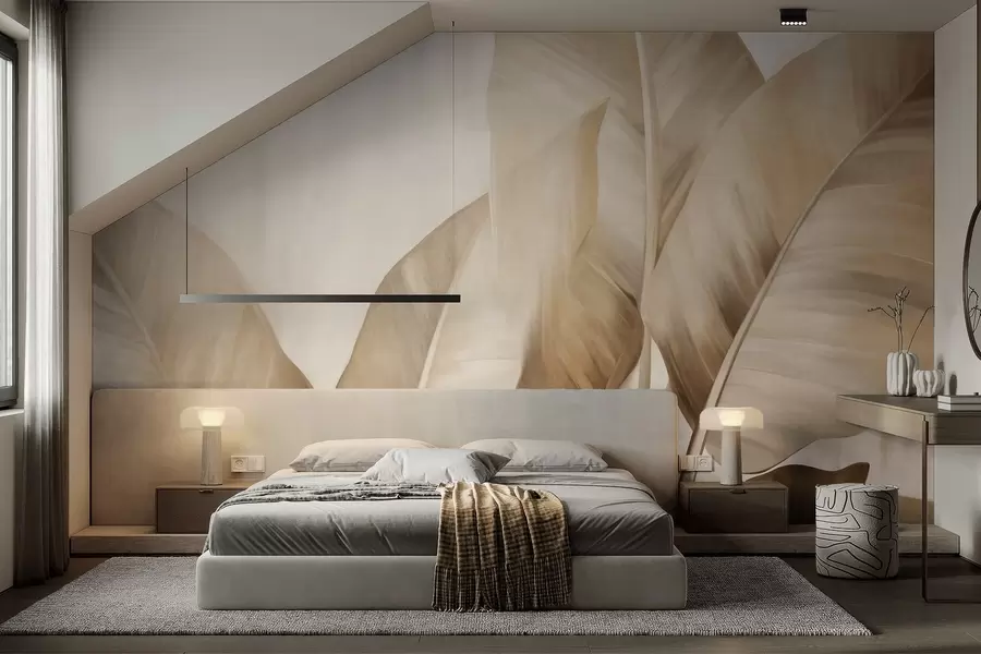 carta da parati Grandi foglie di banano marrone chiaro con texture su sfondo beige chiaro, dall'estetica morbida e minimalista nr. w09586