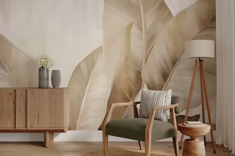 carta da parati Grandi foglie di banano marrone chiaro con texture su sfondo beige chiaro, dall'estetica morbida e minimalista nr. w09586