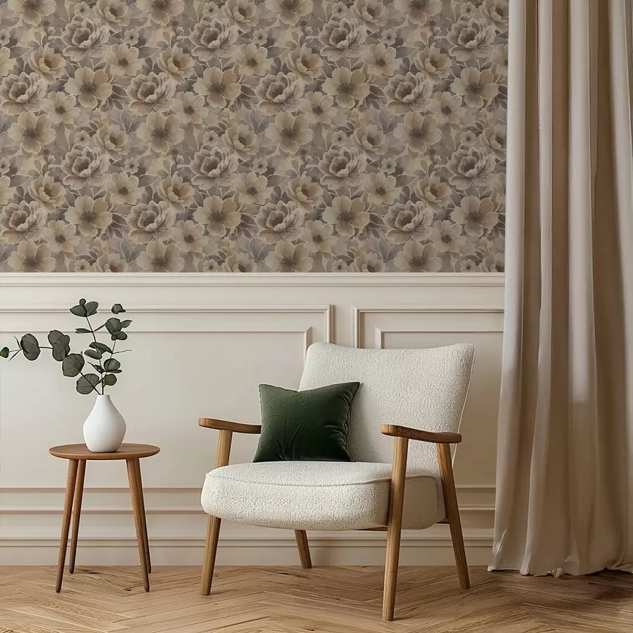 carta da parati Fiori beige pittorici su uno sfondo astratto fumoso nr. a00884