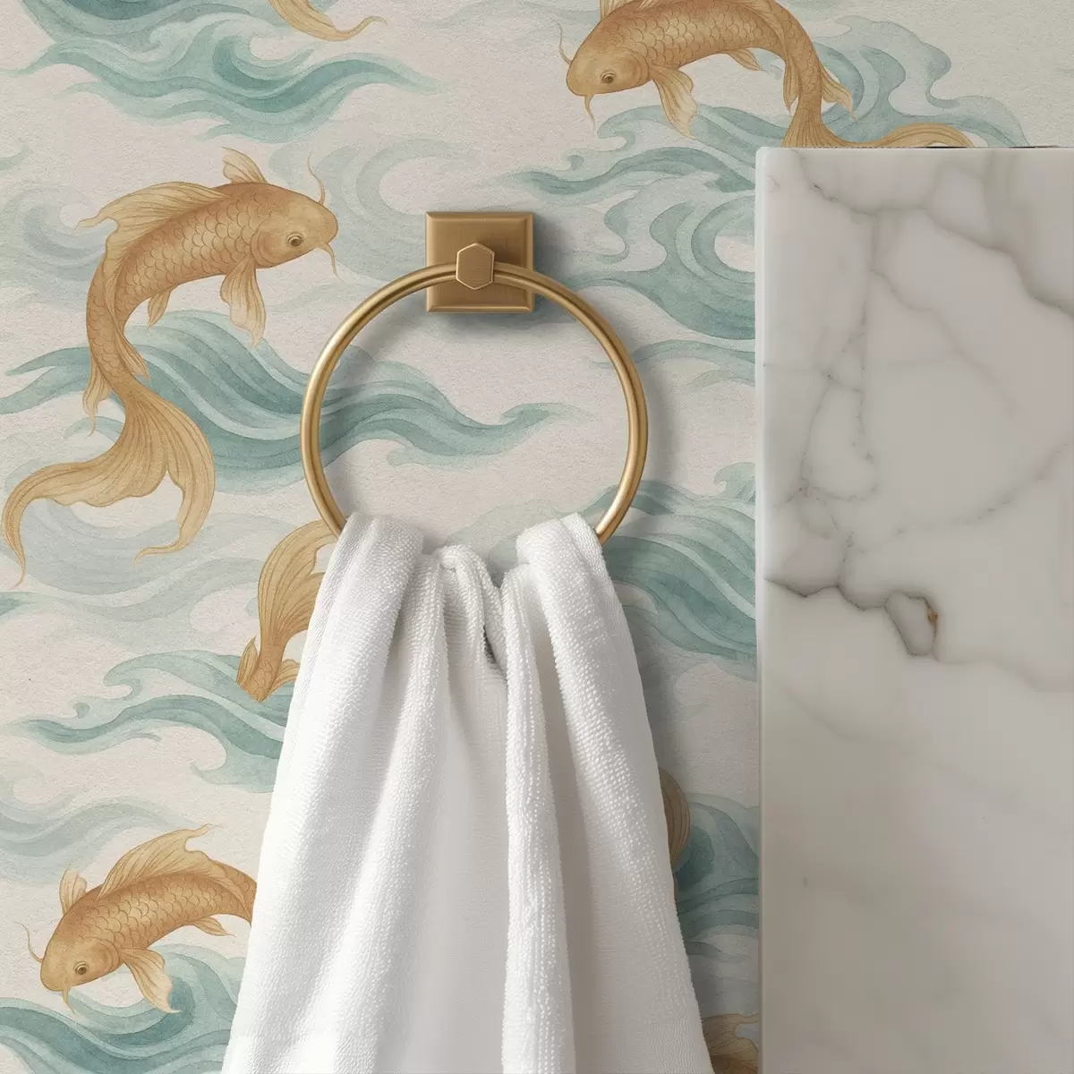 Carta da parati Pesci koi color ambra che nuotano tra morbide onde turchesi a00894