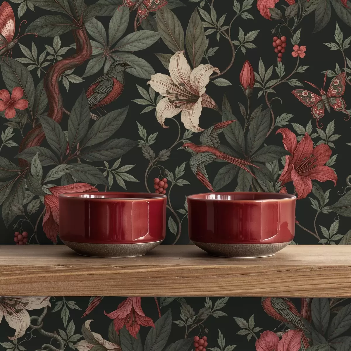 Carta da parati Motivi floreali della giungla oscura con uccelli e farfalle a00895