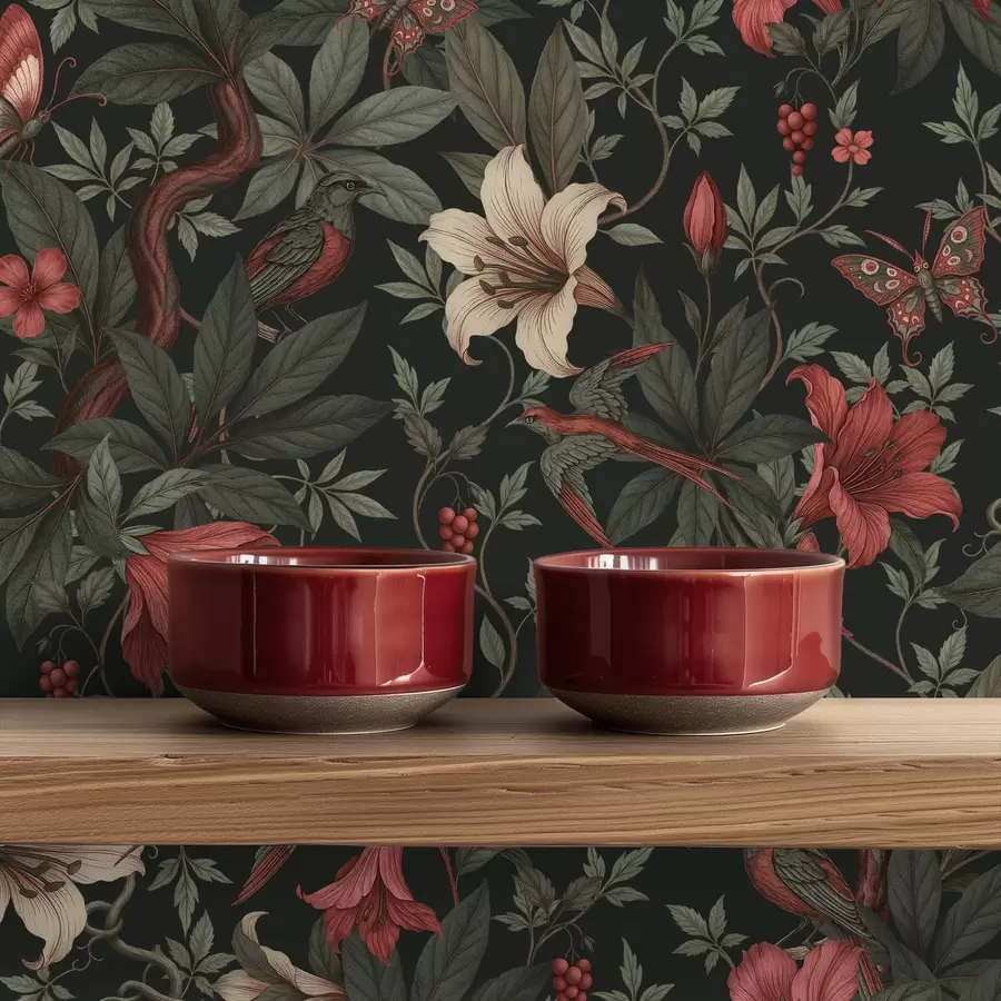 carta da parati Motivi floreali della giungla oscura con uccelli e farfalle nr. a00895