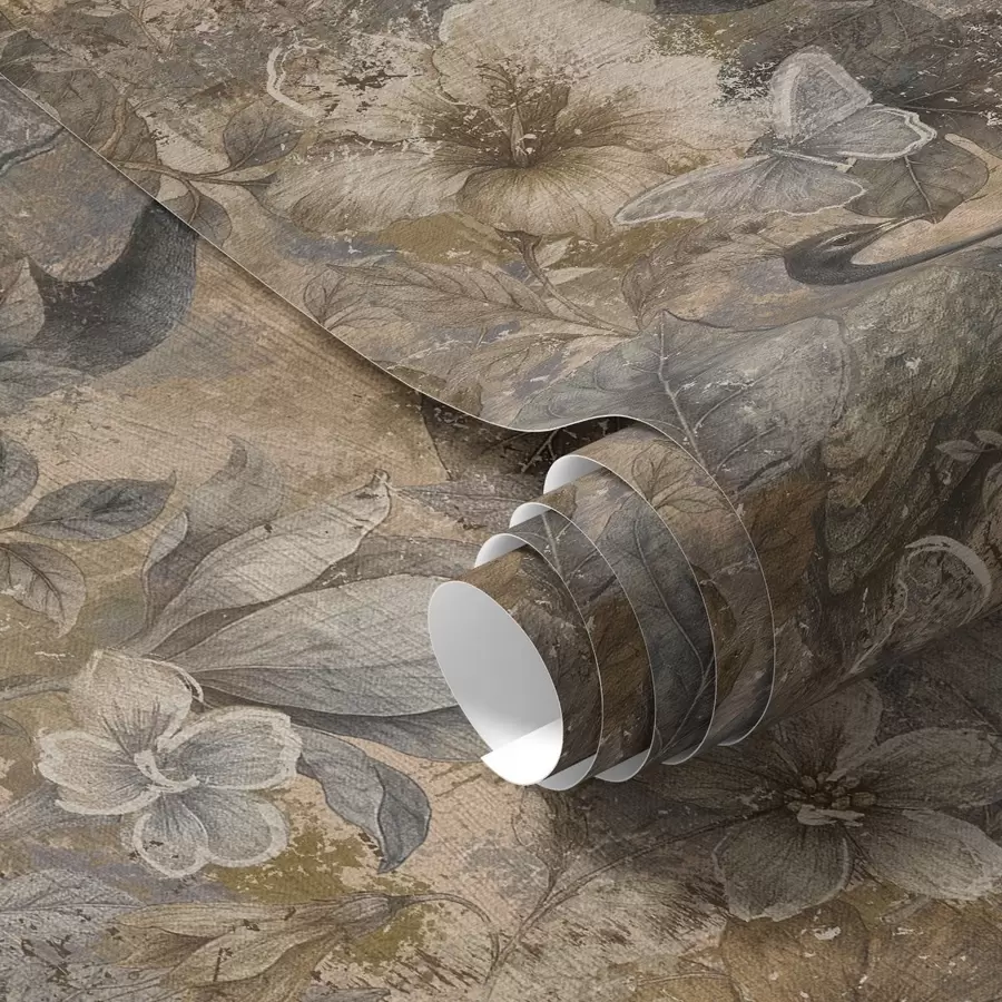 carta da parati Collage floreale invecchiato con pavoni e farfalle nr. a00897