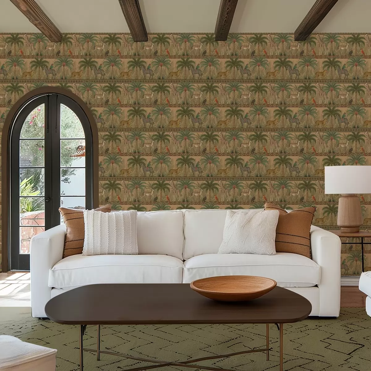 Carta da parati Animali decorativi della savana tra palme e bordure a00898