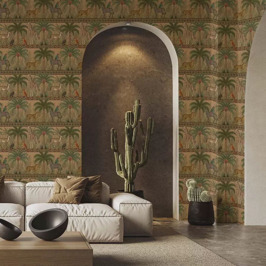 carta da parati Animali decorativi della savana tra palme e bordure nr. a00898